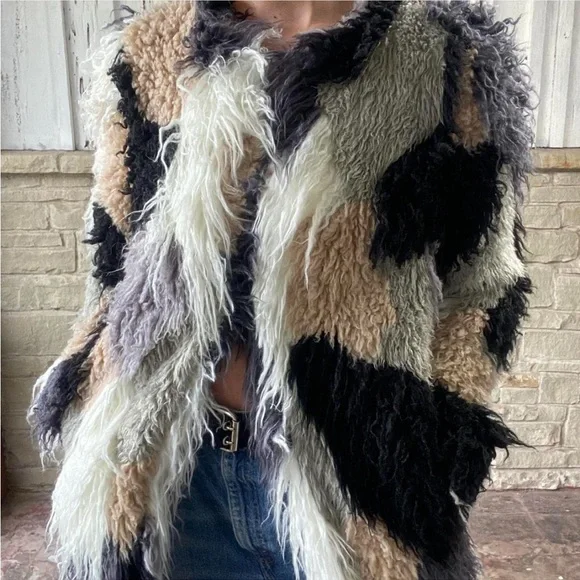Multicolor patchwork shaggy faux fur coat shearling duster jacket - Picture 3 of 6